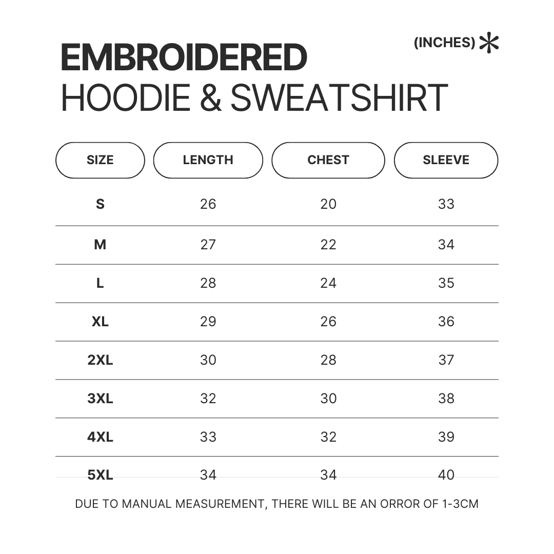 Embroidered Hoodie Sweatshirt Size Chart - Hunter x Hunter Store